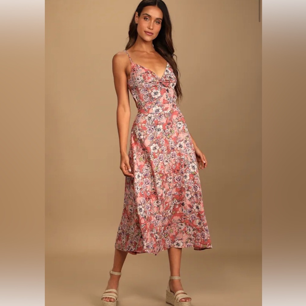 Lulu's Rose Pink Floral Tie-Back Midi Dress size xs EUC